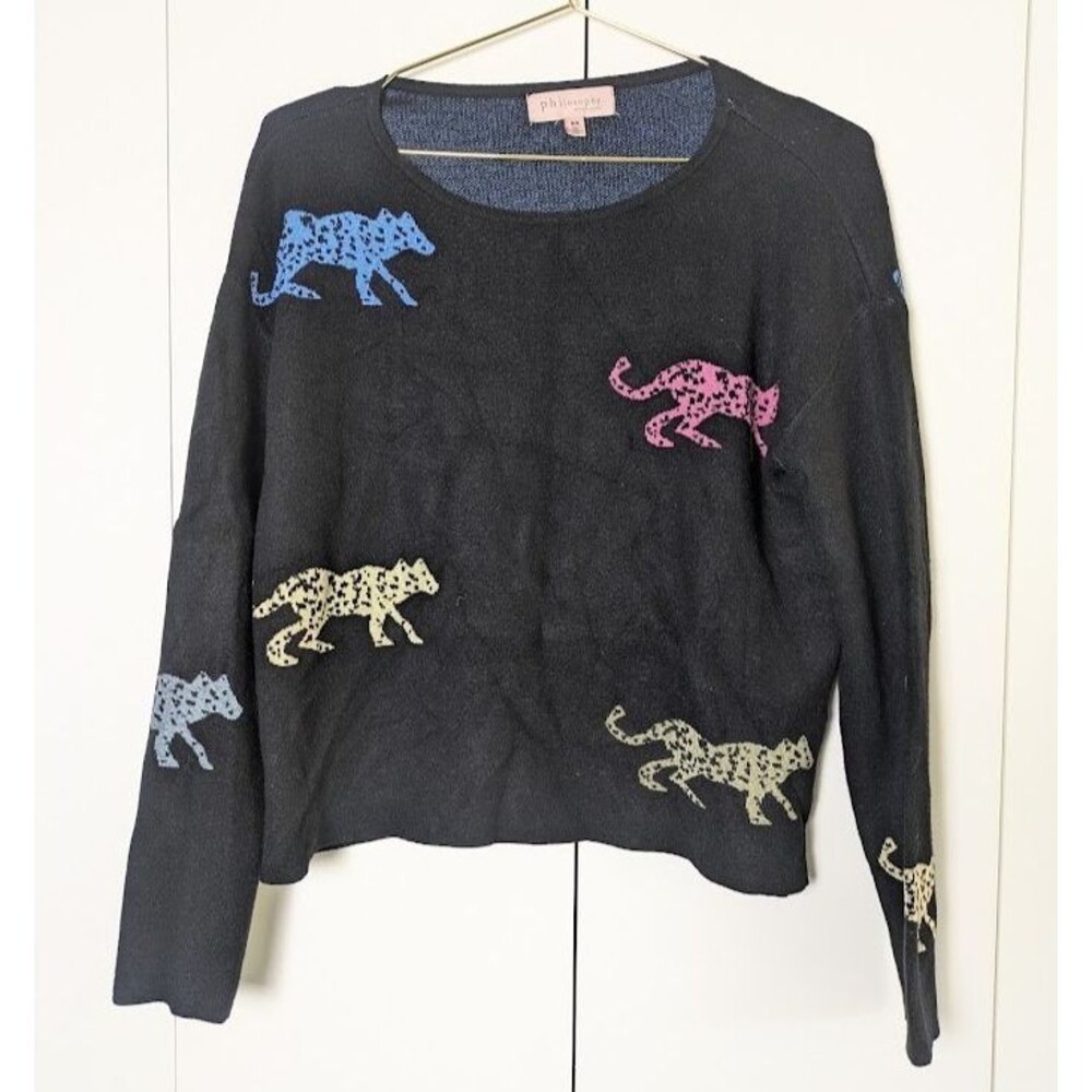 Philosophy Republic Clothing M Women Black Multi Color Leopard Print Sweater Top